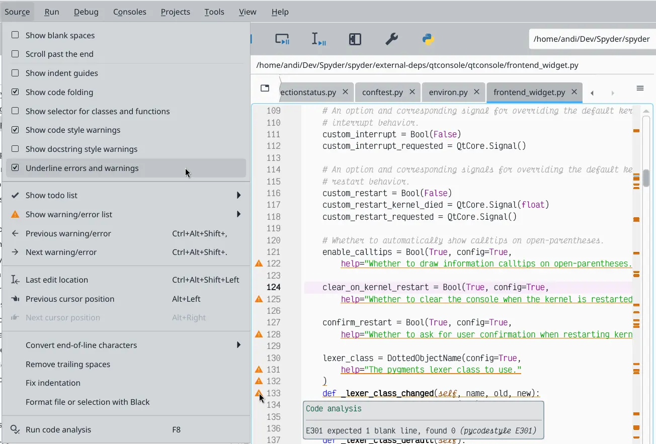 Spyder Editor pane, with several real-time code analysis warnings shown on different lines and the affected code underlined. A hovered-over warning is showing its associated message, while the Source menu is open to the left showing the "Underline errors and warnings" option enabled
